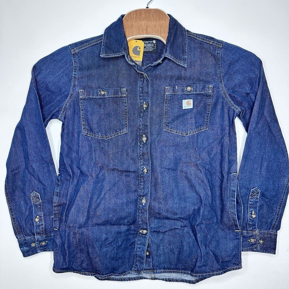 Carhartt Women's Relaxed Fit Midweight Denim Long-Sleeve Over Shirt Sz S - Picture 2 of 7